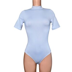BLACKMILK MATTE PERIWINKLE HIGH NECK SHORT SLEEVE BODYSUIT - LIMITED EDITION